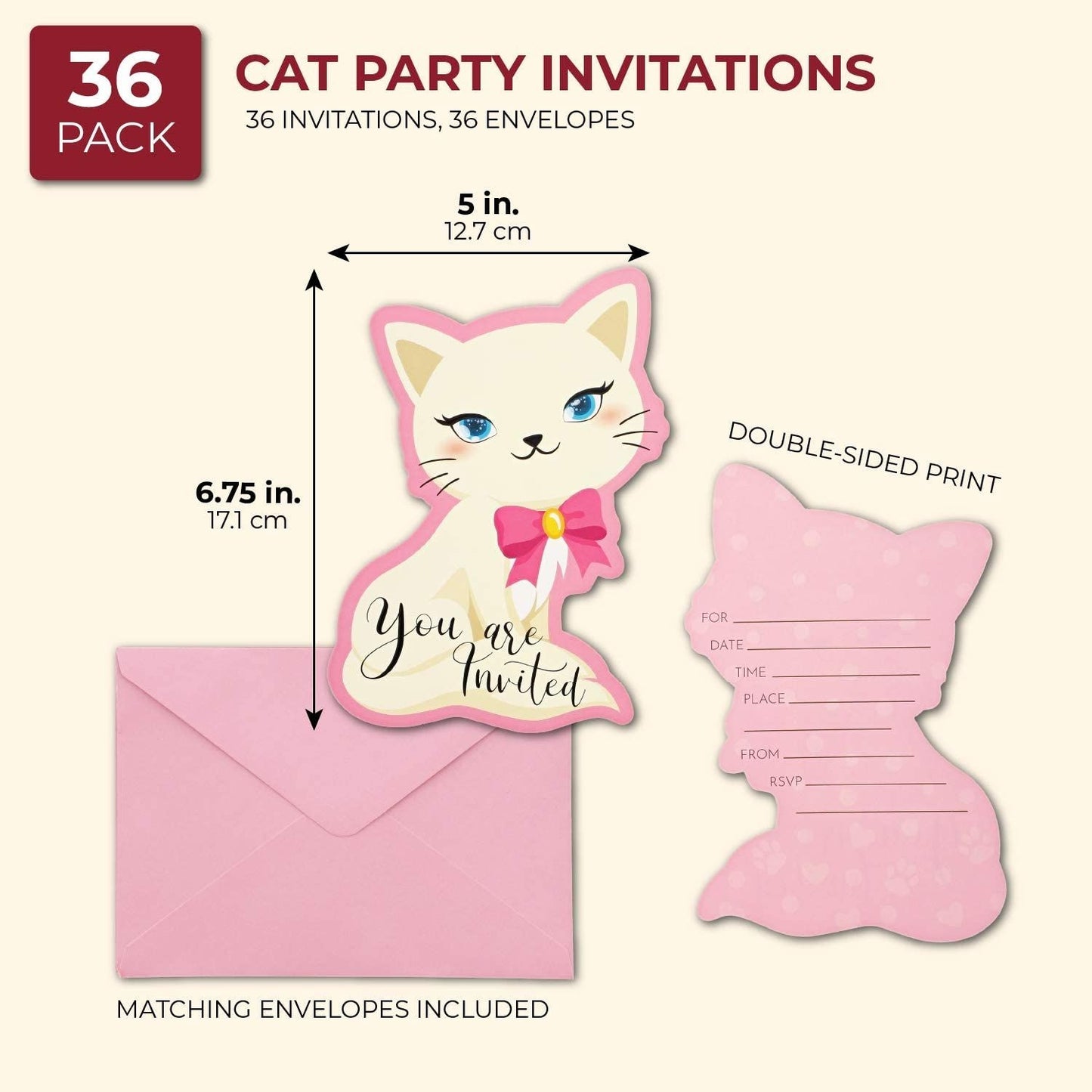 Cat Birthday Party Invitations with Envelopes (5 x 7 in, 36 Pack)