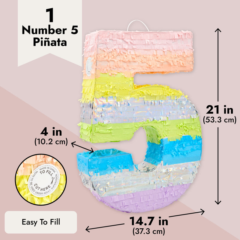 5 Pinata - Large Number 5 Pinata, Pastel Rainbow Pinata, 5th Birthday Decorations for Girls (21x14.7x4 In)