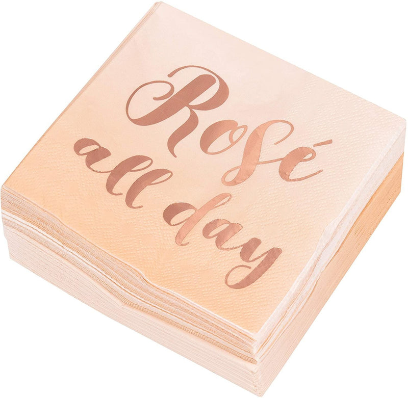 Cocktail Napkins - 50-Pack Rose All Day in Rose Gold Foil Disposable Paper Napkins, 3-Ply, Bridal Shower, Wine Party Decoration Supplies, Rose Gold and White, Folded 5 x 5 inches