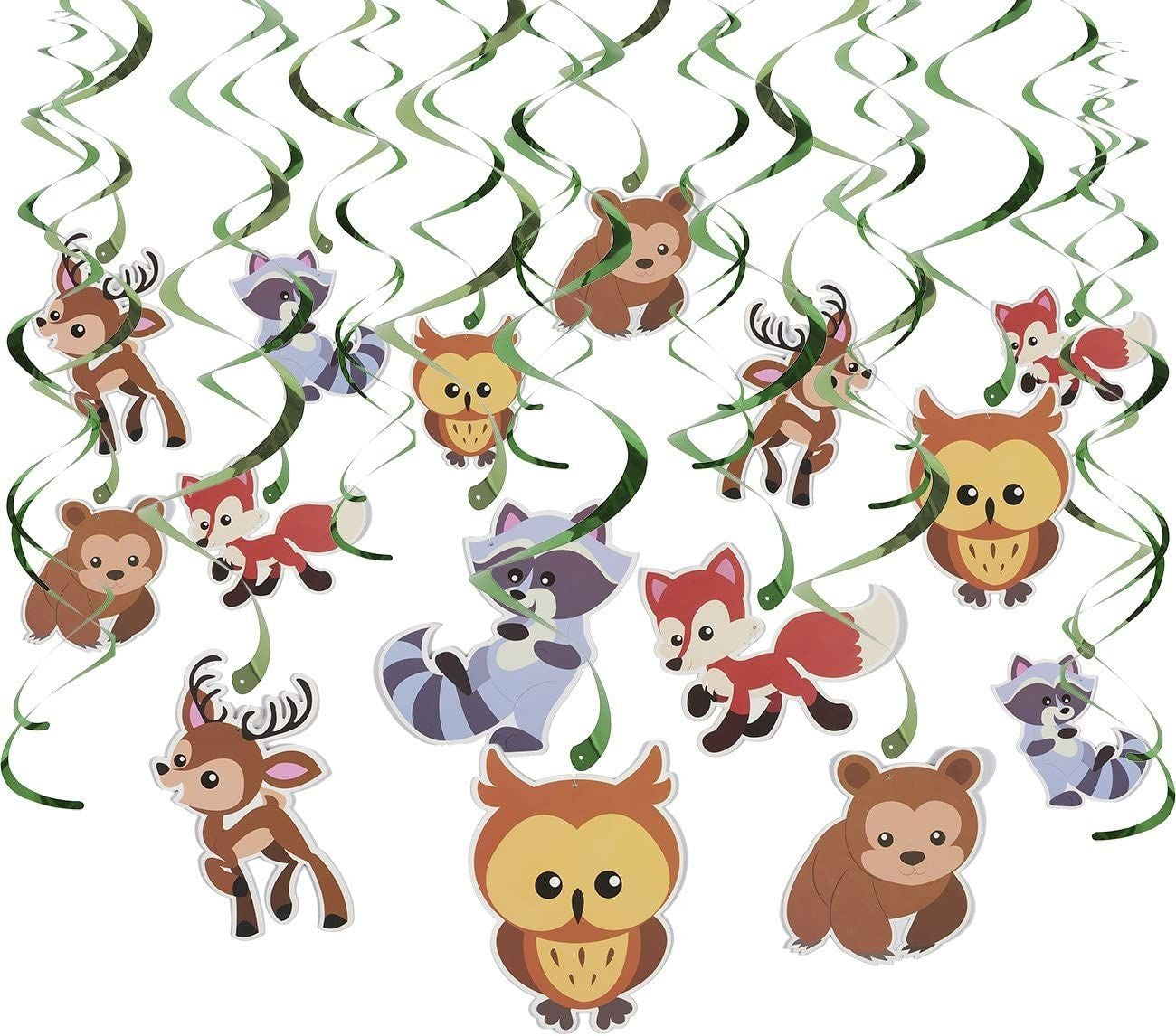 30-Count Swirl Decorations – Woodland Animals DecorBirthday Party Decorations, Ceiling Streamers, Hanging Whirls for Kids, Multicolored - Hanging Length: 30 – 37 Inches