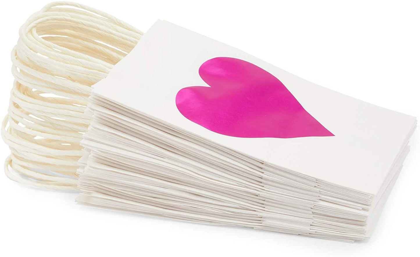 White Gift Bags with Handles for Valentines, Hot Pink Heart (24 Pack)