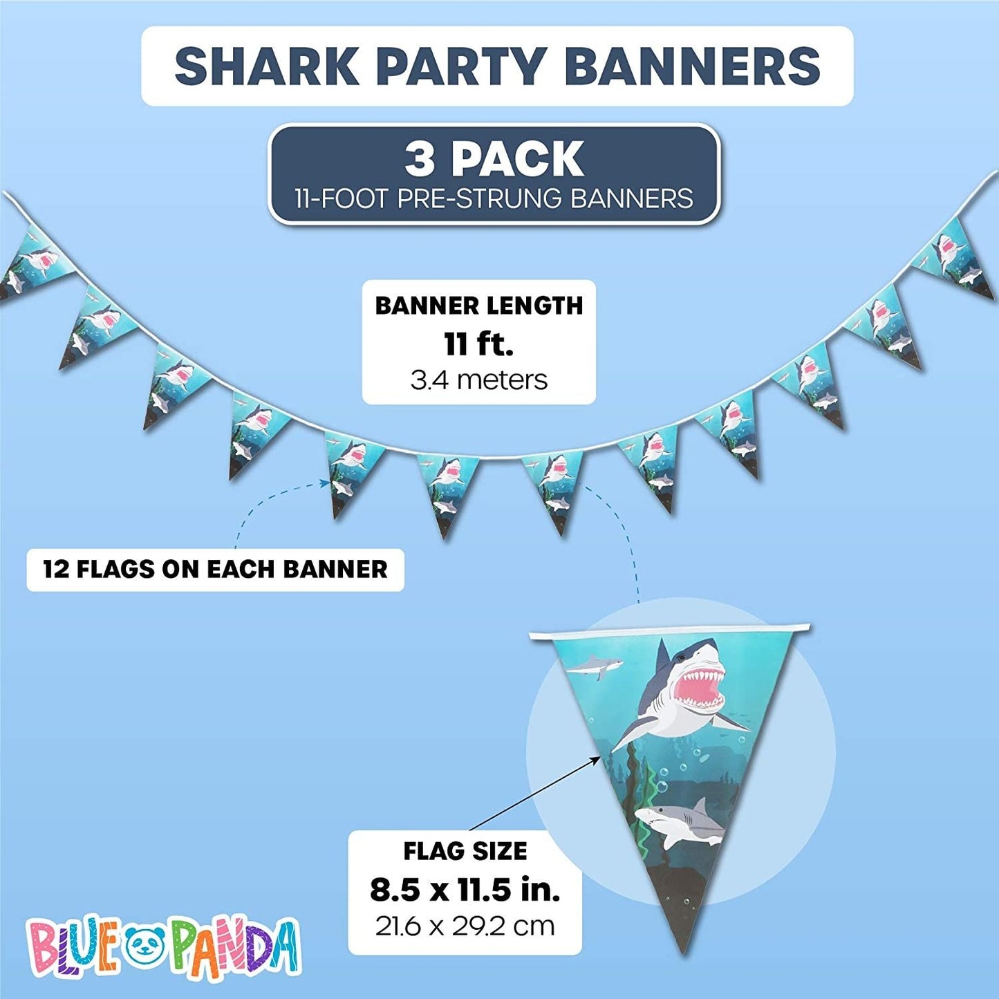 Shark Party Supplies, Banner Flags (11 ft, 3 Pack)