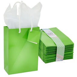 20-Pack Small Paper Gift Bags with Handles, 5.5x2.5x7.9-Inch Goodie Bags with 20 Sheets White Tissue Paper and 20 Hang Tags for Small Business (Green)