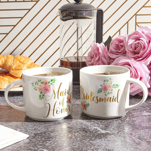 Floral Stackable Coffee Mugs, Maid of Honor and Bridesmaid (15 oz, Set of 2)
