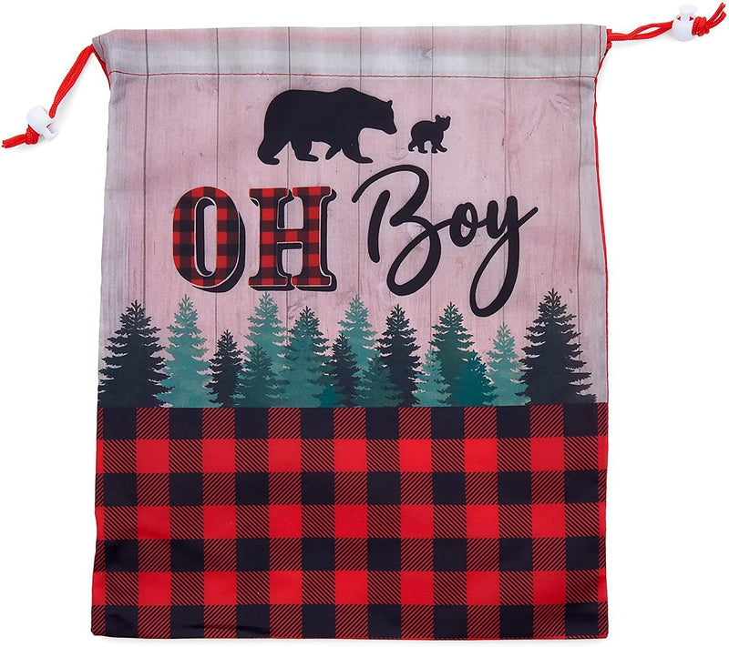 12 Pack Lumberjack Buffalo Plaid Drawstring Gift Bags for Boys Baby Shower & Kids Birthday Party Favors Goodie Bag, 10 x 12 in