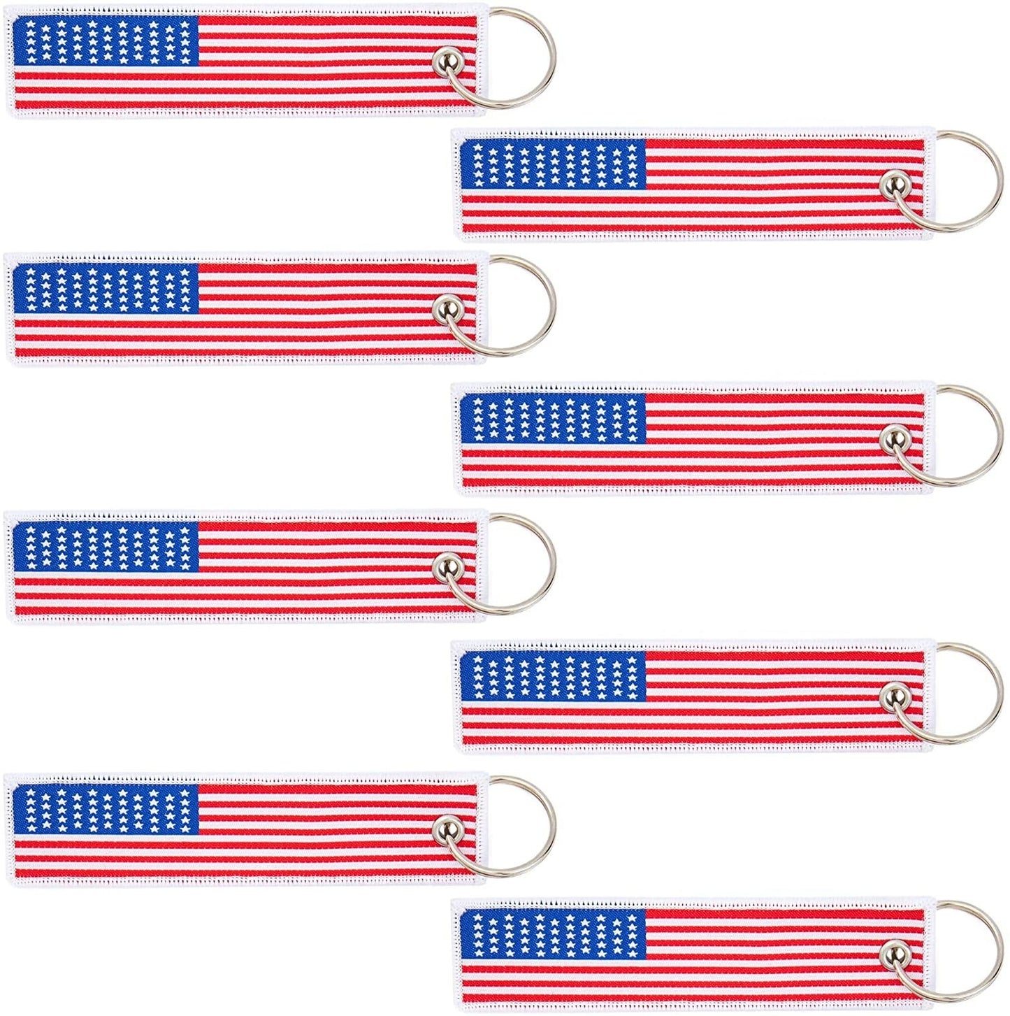 8 Pack Embroidered American Flag Keychain Tags for Women Men Kids US Patriotic Gifts, 5.1 x 1.2 in