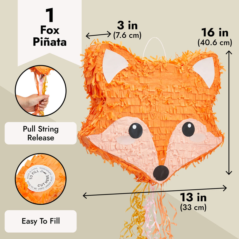 Pull String Fox Pinata for Woodland Baby Shower Decorations, Birthday Party (Small, 16 x 13 x 3 In)