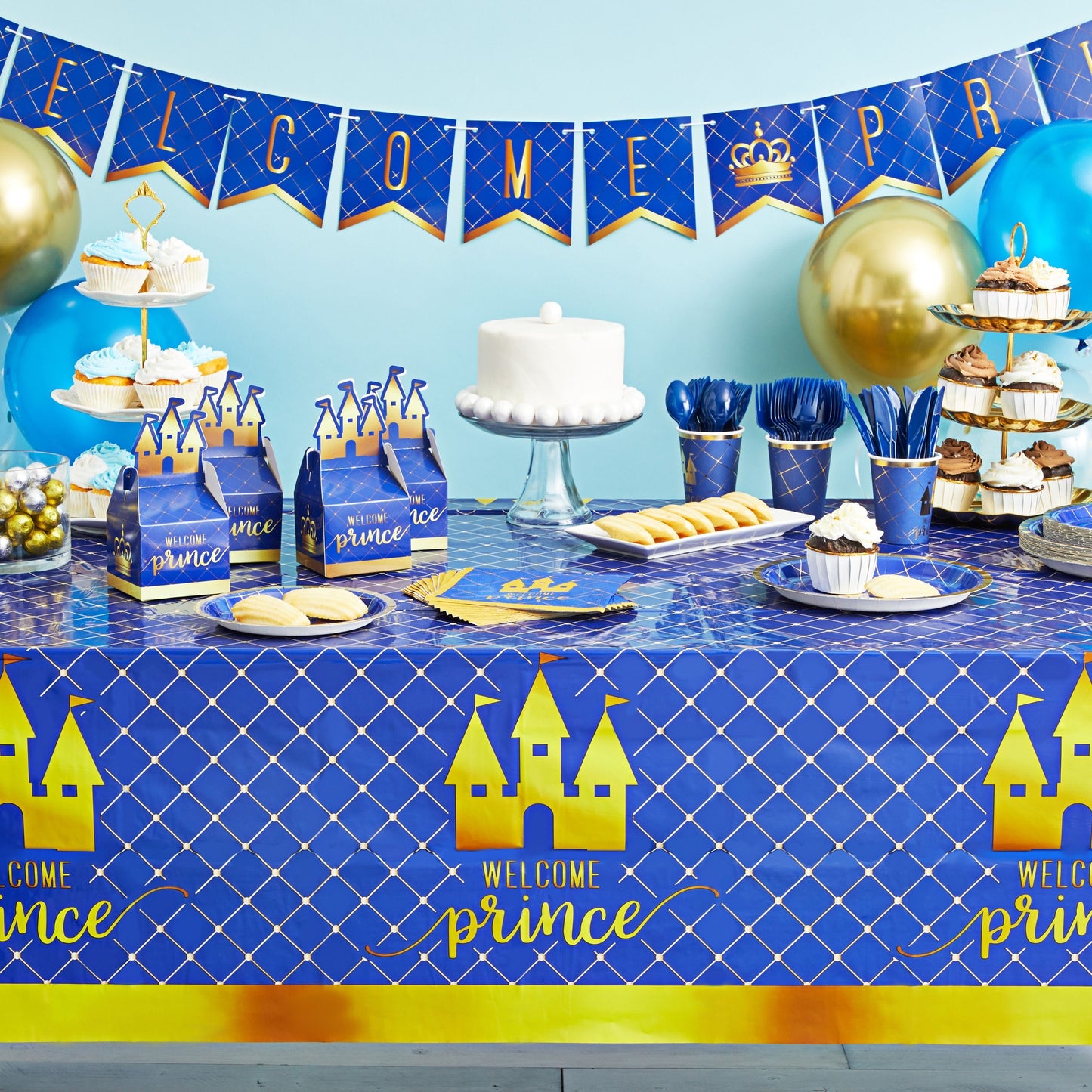 219-Piece Royal Prince Baby Shower Decorations for Boys, Blue Party Supplies Set with Balloons, Gift Boxes, Welcome Banner (Serves 24)