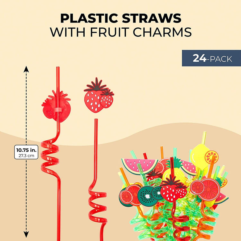 24 Pcs Reusable Tropical Plastic Drinking Straws with Fruit Charms for Home Summer Party, 6 Designs, 10.7 in