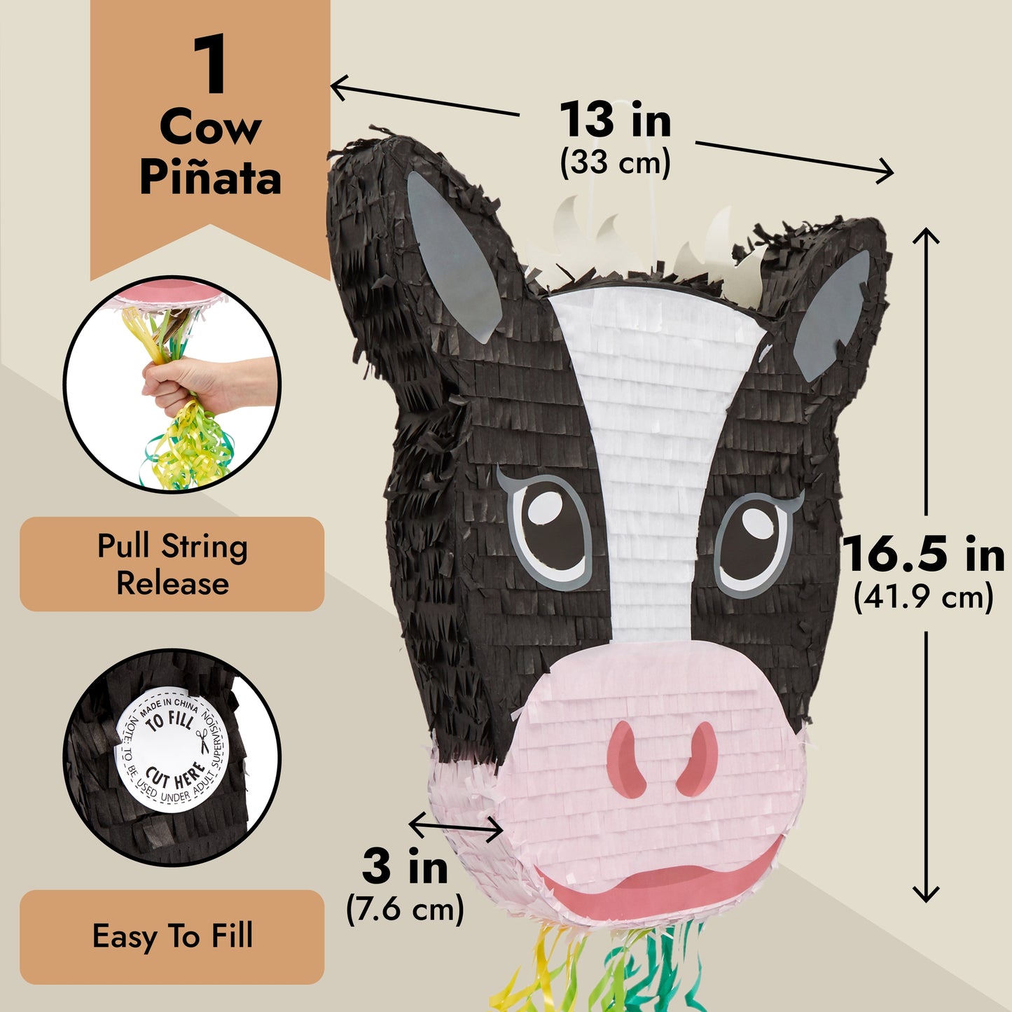 Pull String Cow Pinata for Farm Birthday Party Decorations, Girls and Boys Baby Shower Supplies (Small, 16.5 x 13 x 3 In)