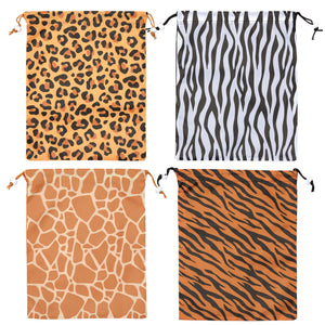 12 Pack Animal Print Drawstring Gift Bags for Jungle Safari Birthday Party Favors, Goodies, Treats (4 Designs, 10 x 12 In)