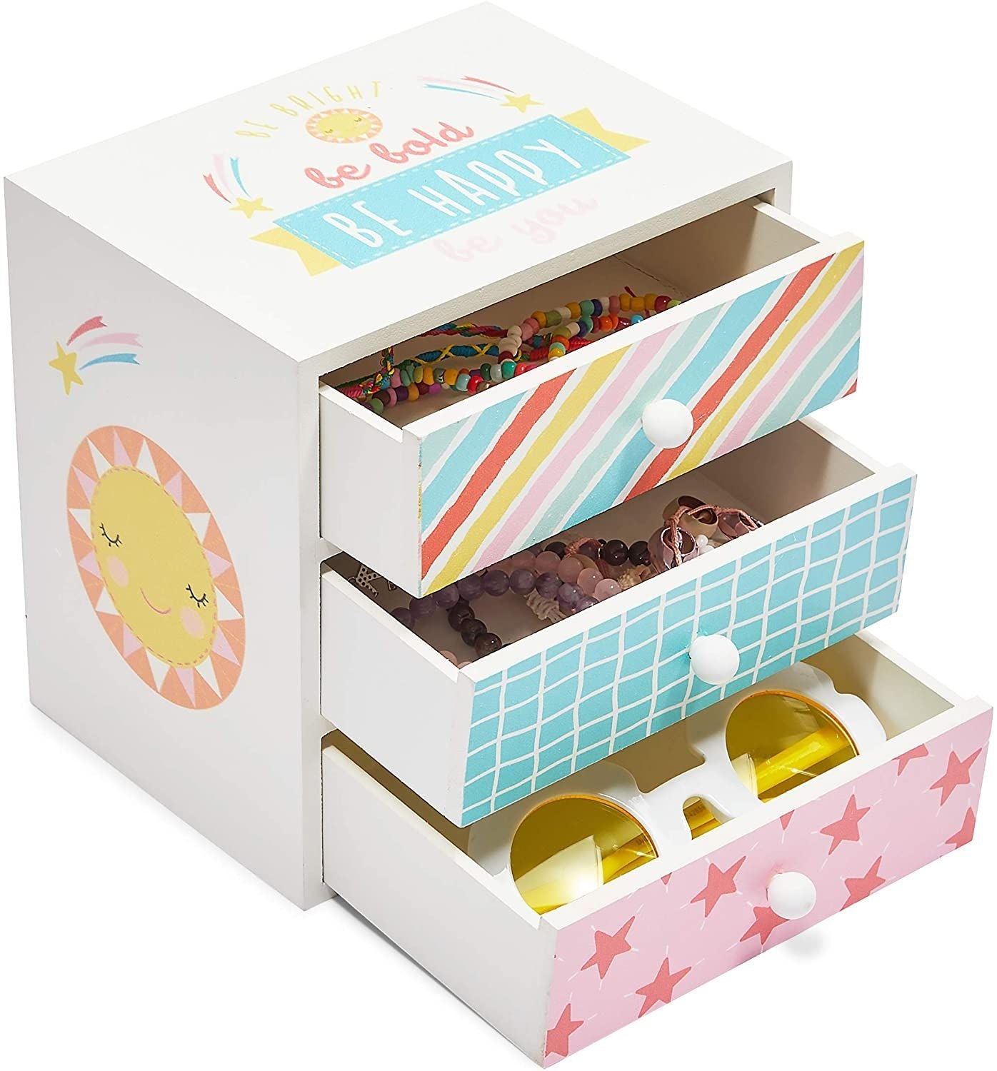 Wooden Kids Jewelry Box with Drawers for Girls, Be Bright, Be Bold, Happy, Be You (6.1 x 4.5 In)