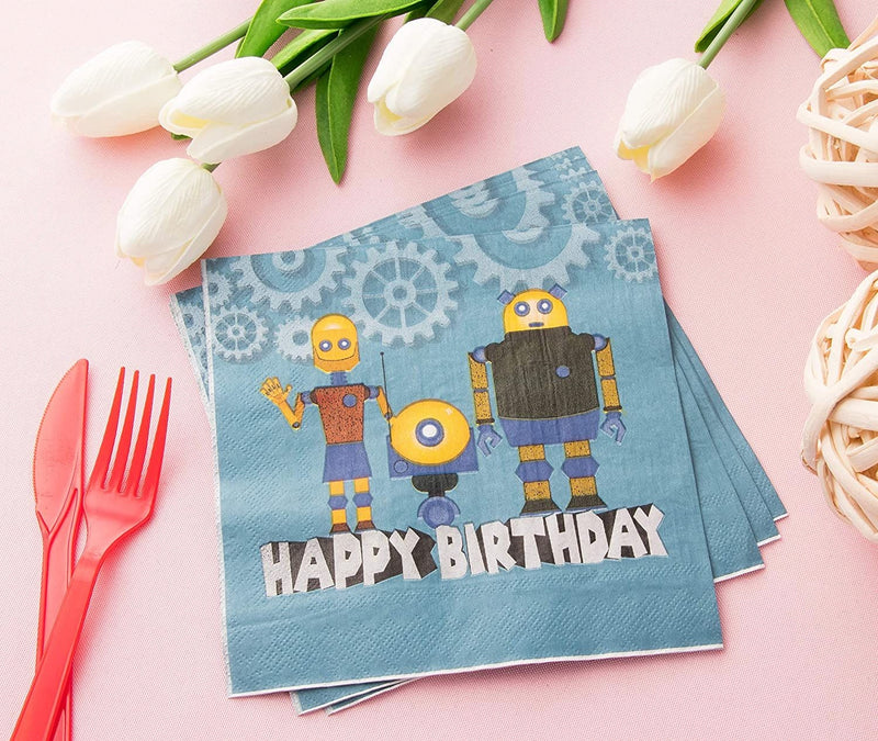 Robot Paper Napkins for Kid's Birthday Party (6.5 In, 150 Pack)