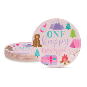 48 Pack Pink Camping Paper Plates for Girls One Happy Camper Birthday Party Supplies (9 In)