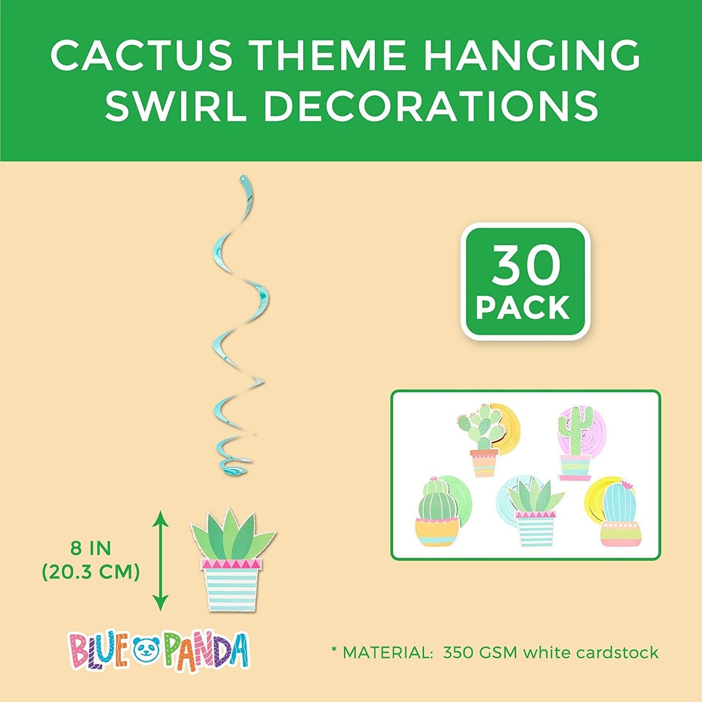 Blue Panda Cactus and Fiesta Swirl Hanging Decorations for Party Supplies (8 in, 30 Pack)