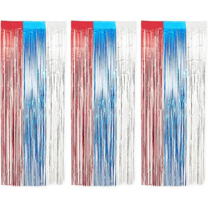 Metallic Tinsel Foil Fringe, Patriotic Wall Decor for 4th of July Party (3 Pack)