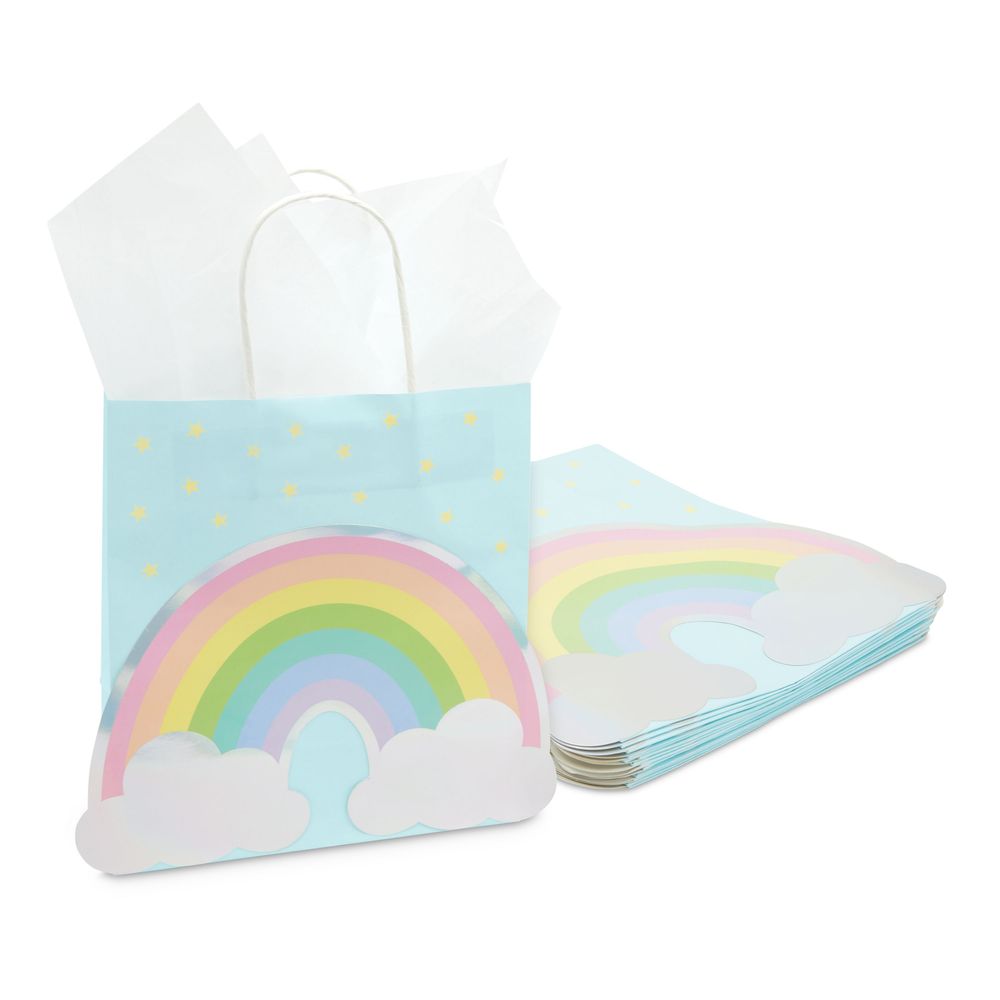 Rainbow Gift Bags with Handles and White Tissue Paper (15 Pack)