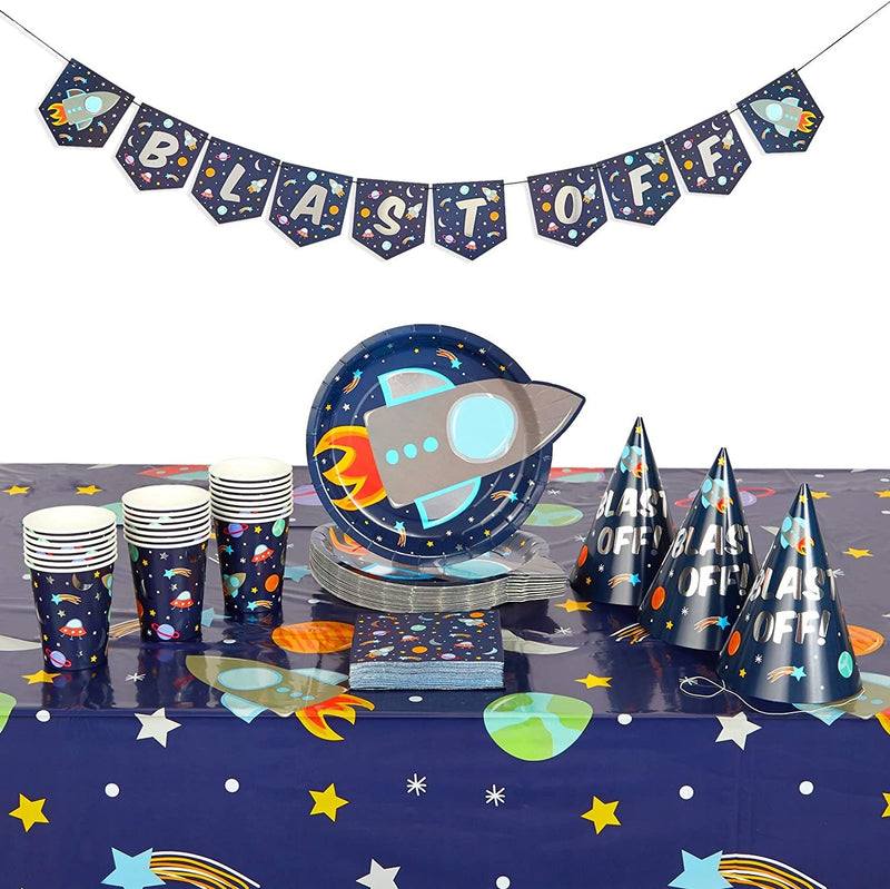99-Piece Outer Space Party Pack with Dinnerware, Hats, Banner, Tablecloths (Serves 24)