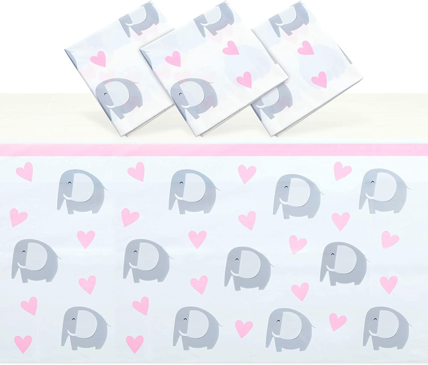 Elephant Tablecloths for Baby Shower Decor, Pink Hearts (54 x 108 in, 3 Pack)