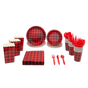 192 Piece Buffalo Plaid Dinnerware Set with Cutlery and Treat Boxes, Baby Shower Lumberjack Party Supplies (Serves 24)