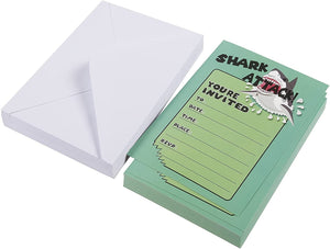 Shark Attack Invitation Cards - 24 Fill-in Invites with Envelopes for Kids Birthday Bash and Theme Party, 5 x 7 inches, Postcard Style