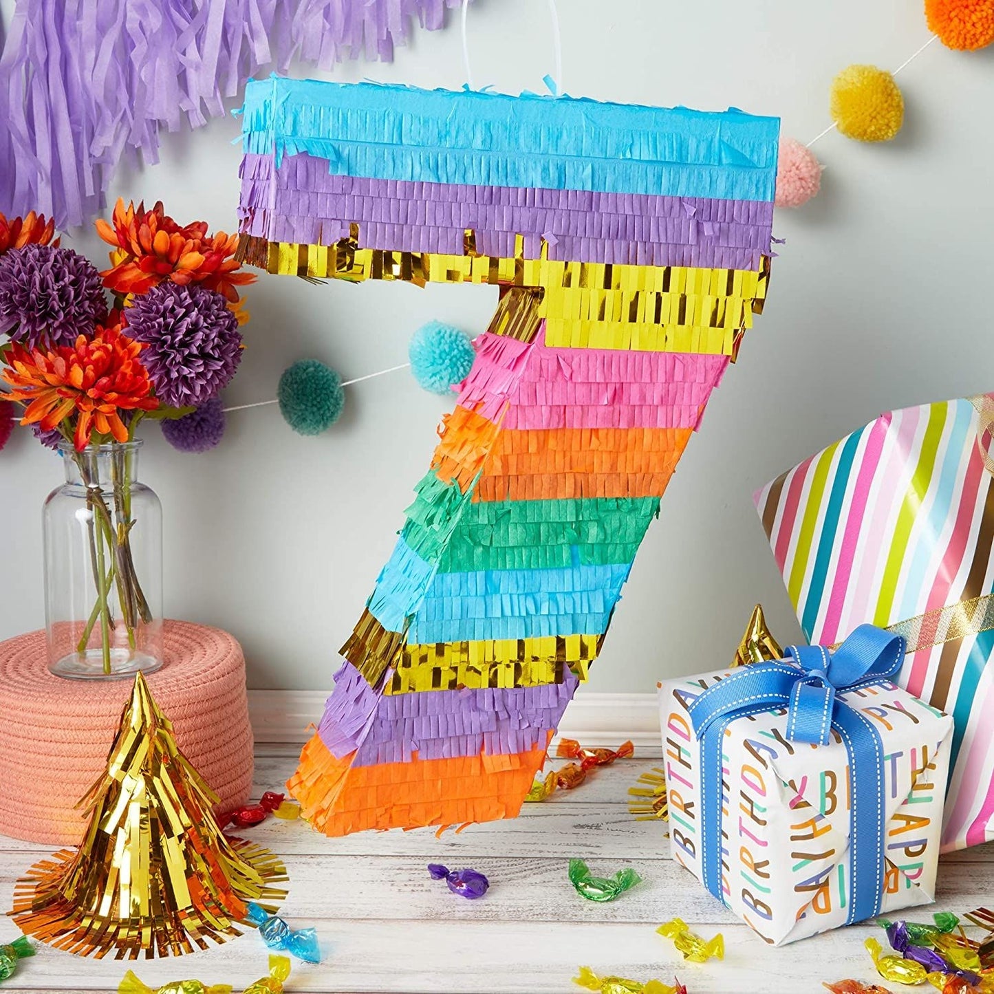 Rainbow Number 7 Pinata for 7th Birthday Party Decorations, Fiesta , Cinco de Mayo Celebration (Small, 12 x 16.75 x 3 Inches)