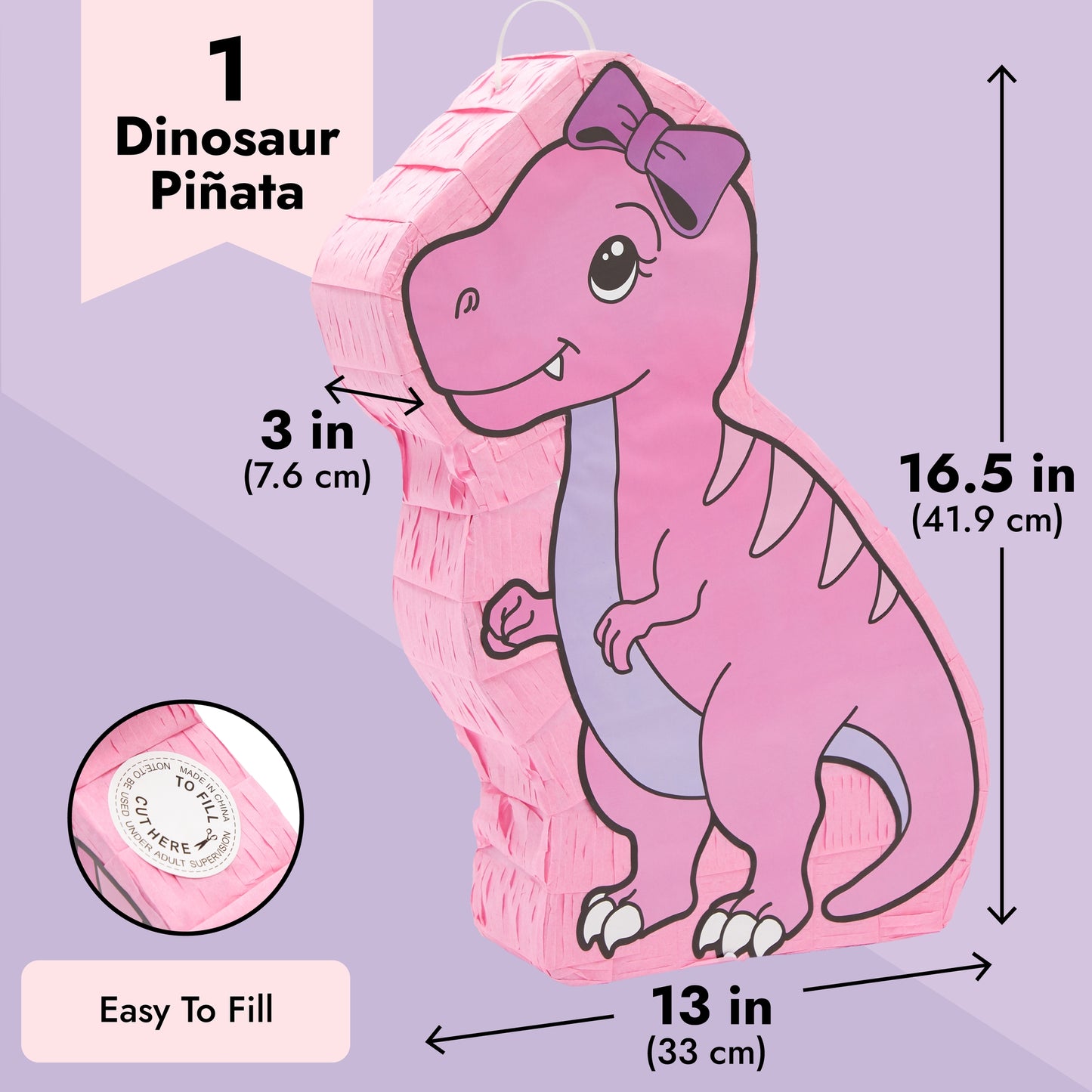 Pink Dinosaur Pinata for Girls T-Rex Themed Dino Birthday Party Decorations (16.5 x 13.0 x 3.0 In)