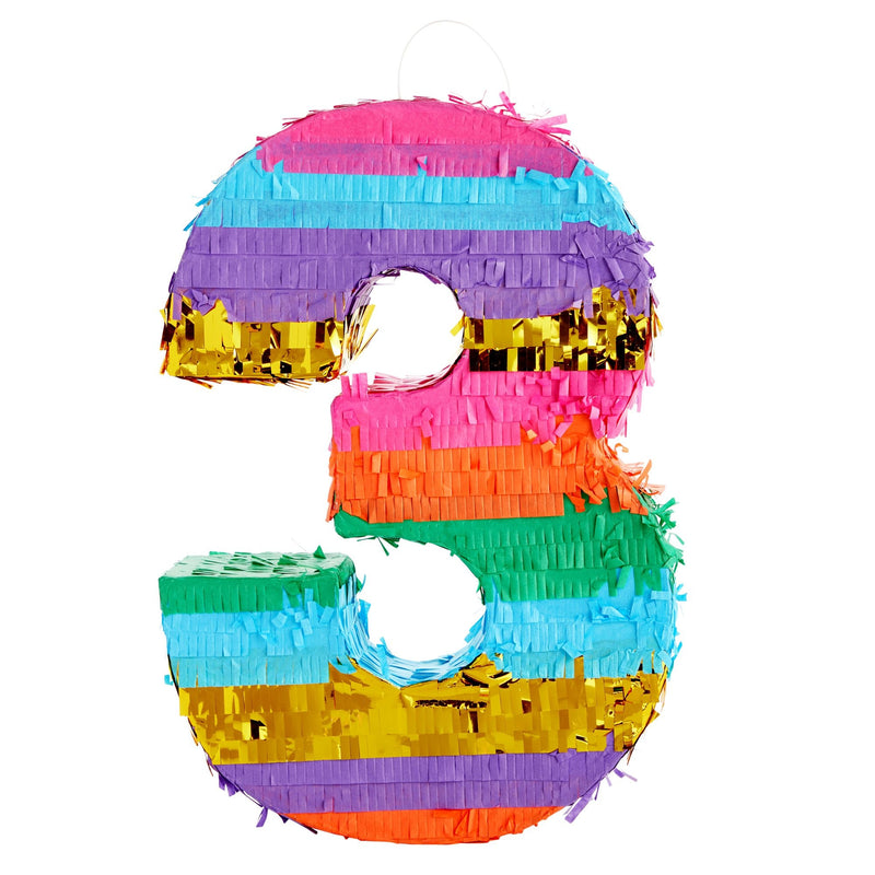Rainbow Number 3 Pinata for 3rd Birthday Party Supplies, Fiesta , Cinco de Mayo Celebration (Small, 16.5 x 11 x 3 In)