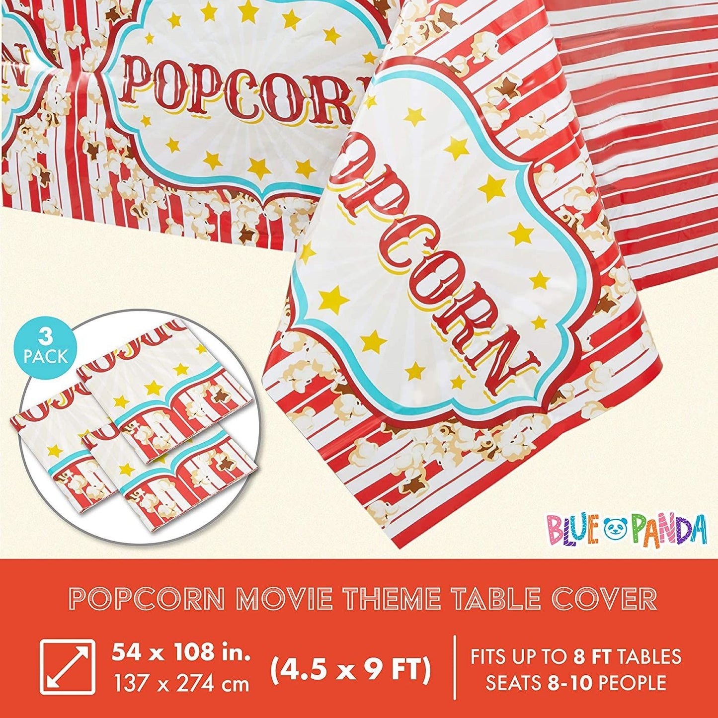 Popcorn Tablecloths for Movie Night, Carnival Party Supplies (54 x 108 In, 3 Pack)