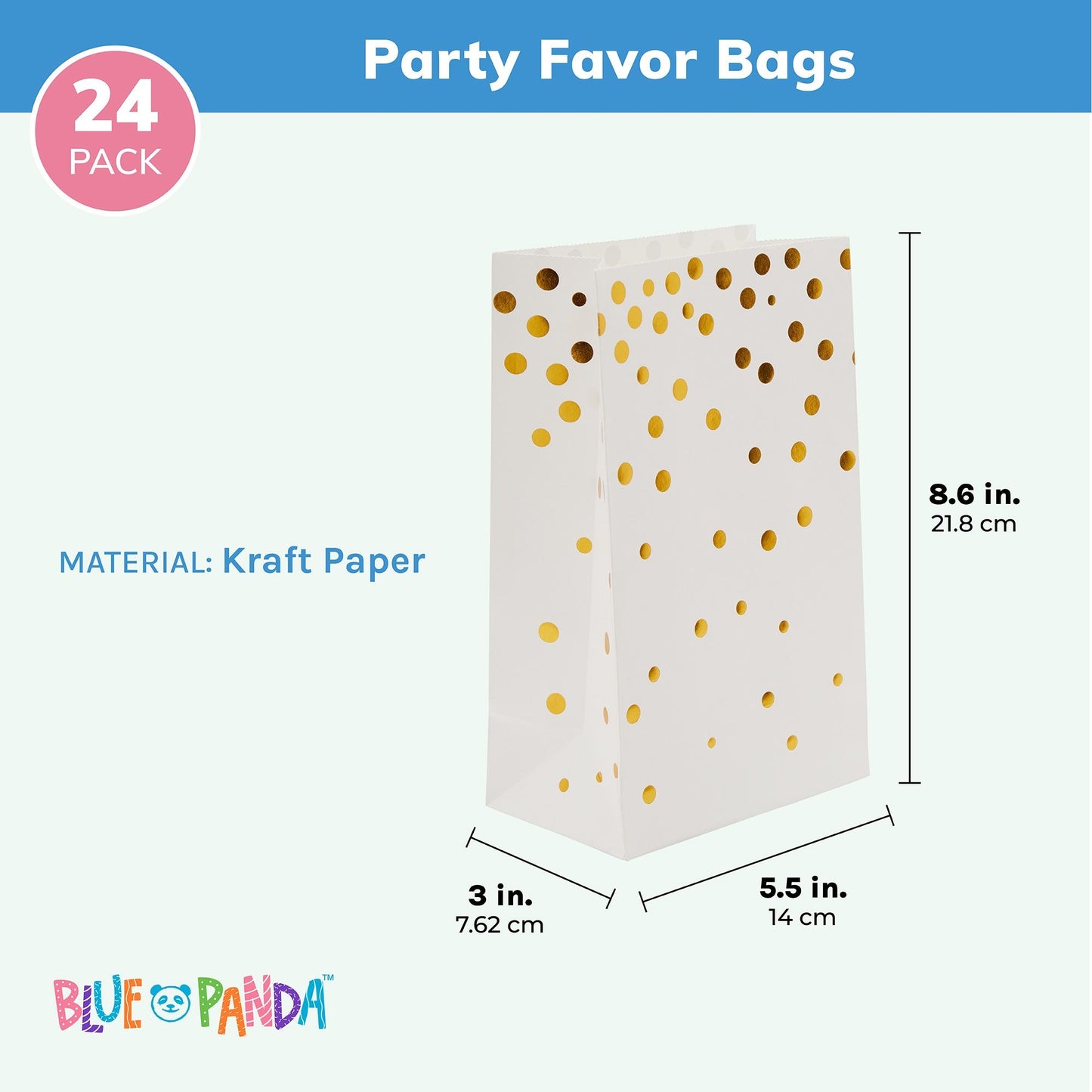 White Party Favor Paper Bags For Kids Birthday, Wedding (Gold Foil Dots, 24 Pack)