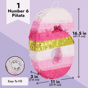 Number 6 Pinata, Pink and Gold Foil for Girls 6th Birthday Party Decorations (Small, 16.5 x 11 Inches)