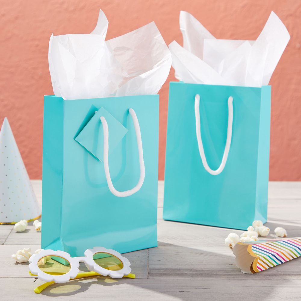 Small Teal Party Favor Gift Bags with Handles, Tissue Paper (5.5 x 7.9 In, 20 Pack)