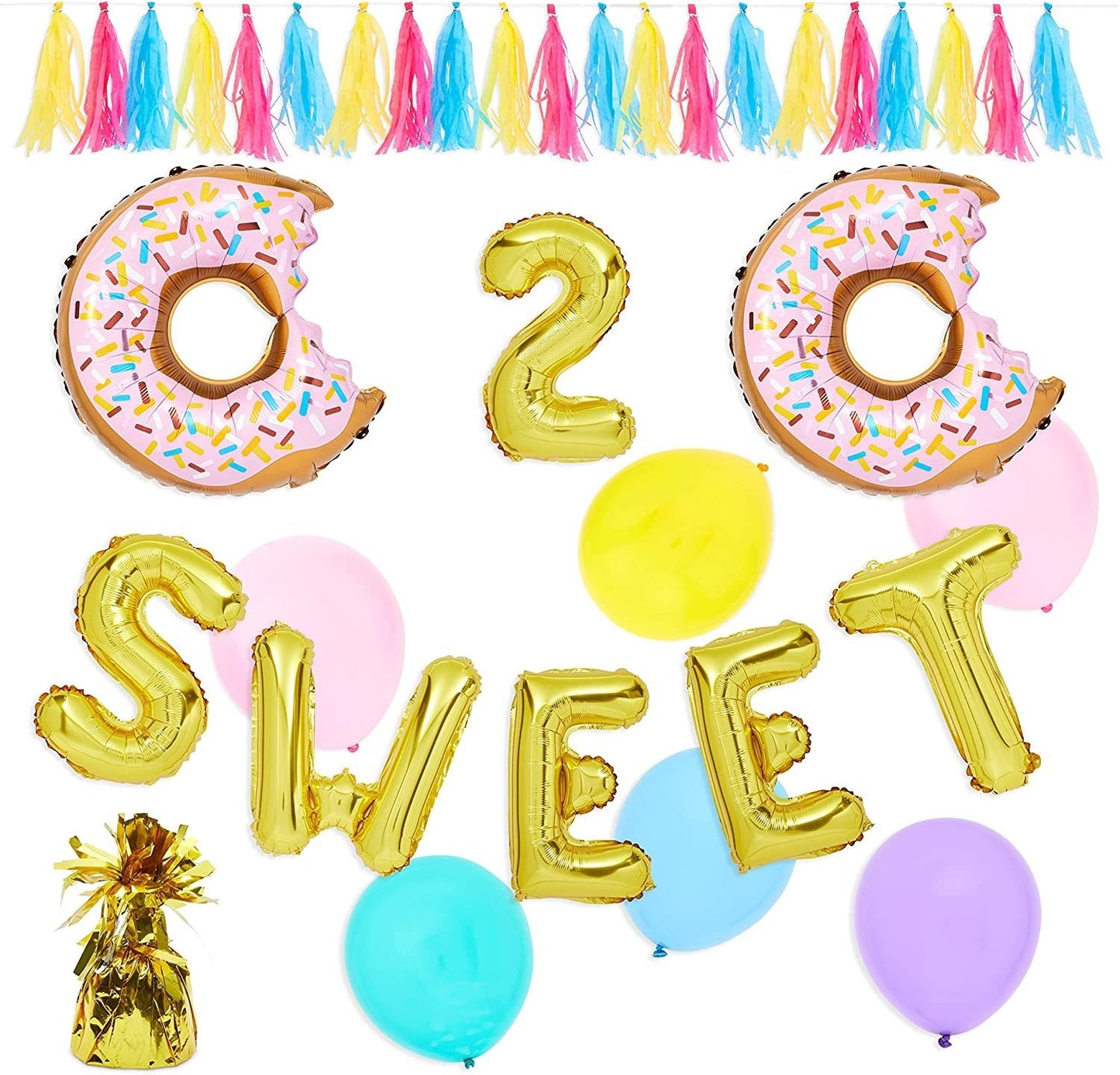 Two Sweet 2nd Birthday Decorations, Donut Balloons, Tassels, Weight (42 Pieces)