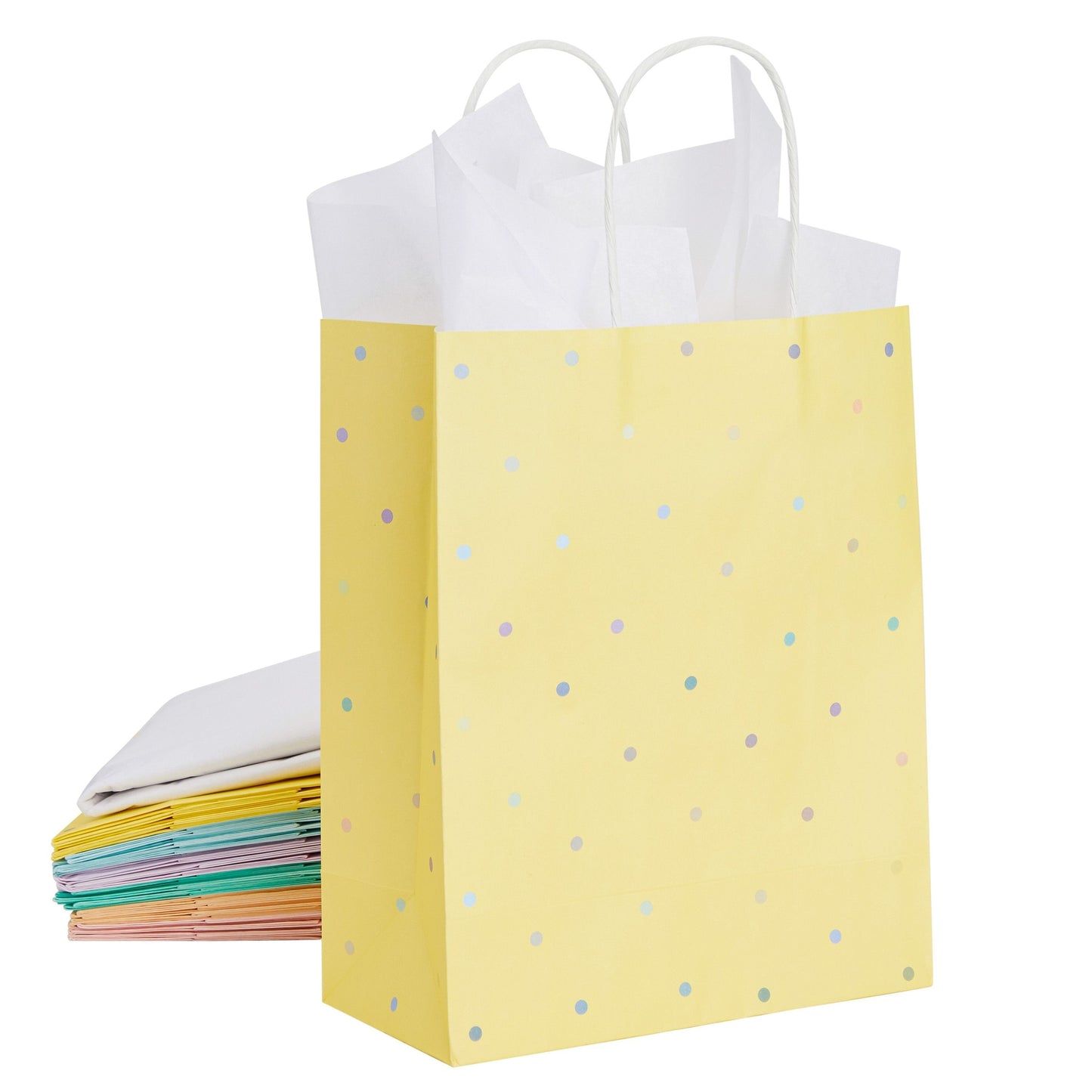 36 Pack Medium Polka Dot Paper Gift Bags with Handles and White Tissue Paper, 6 Pastel Rainbow Colors (10 x 8 x 4 In)