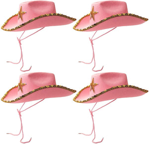 Western Cowboy and Cowgirl Hats for Kids, Pink Sparkly (4 Pack)