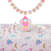 100 Piece Girl Outer Space Birthday Party Supplies, Pink Galaxy Dinnerware Set with Table Covers and Banner (Serves 24)