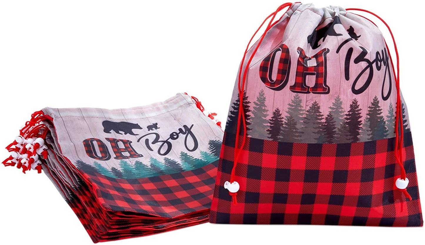 12 Pack Lumberjack Buffalo Plaid Drawstring Gift Bags for Boys Baby Shower & Kids Birthday Party Favors Goodie Bag, 10 x 12 in