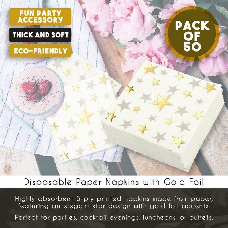 50 Pack of Cocktail Napkins for Star Party Supplies (5 x 5 Inches, Gold, Silver)