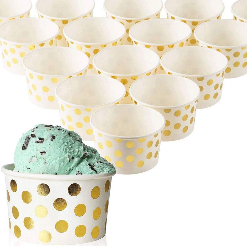 Blue Panda 50-Count Paper Ice Cream Sundae Cups, Yogurt Dessert Bowls, Gold Polka Dot Party Supplies, 8-Ounces