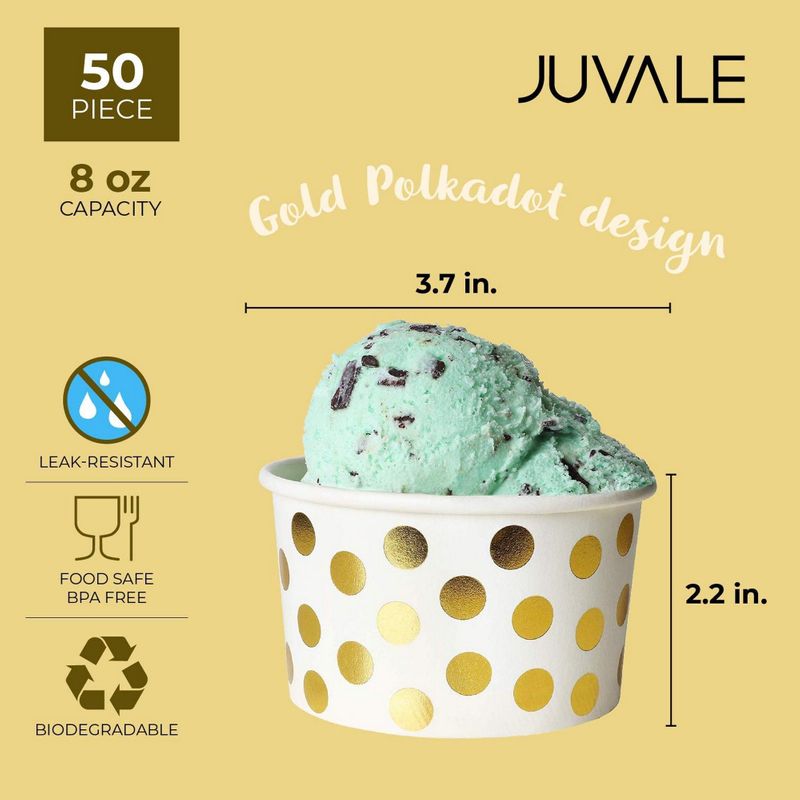 Blue Panda 50-Count Paper Ice Cream Sundae Cups, Yogurt Dessert Bowls, Gold Polka Dot Party Supplies, 8-Ounces