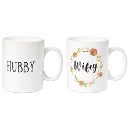 Ceramic Coffee Mug Set, 2-Pack - Wifey and Hubby, Large Stoneware Tea Cup with Floral Design, Novelty Gift for Wedding, Couples, White, 16 Ounces