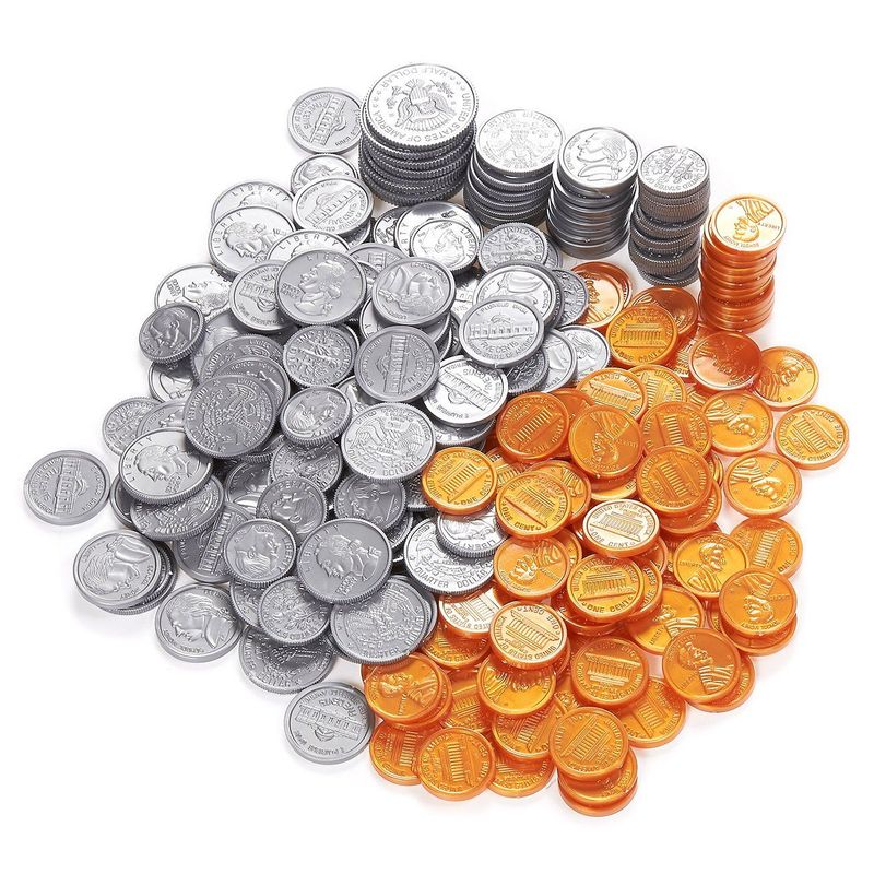 Pack of 250 Play Coin Set - Includes 10 Half-Dollars, 40 Quarters, 50 Dimes, 50 Nickels, 100 Pennies Fake Plastic Coins - Pretend Money - Great Teaching Tool, Prop, Kids Toy, 0.98 Inches in Diameter