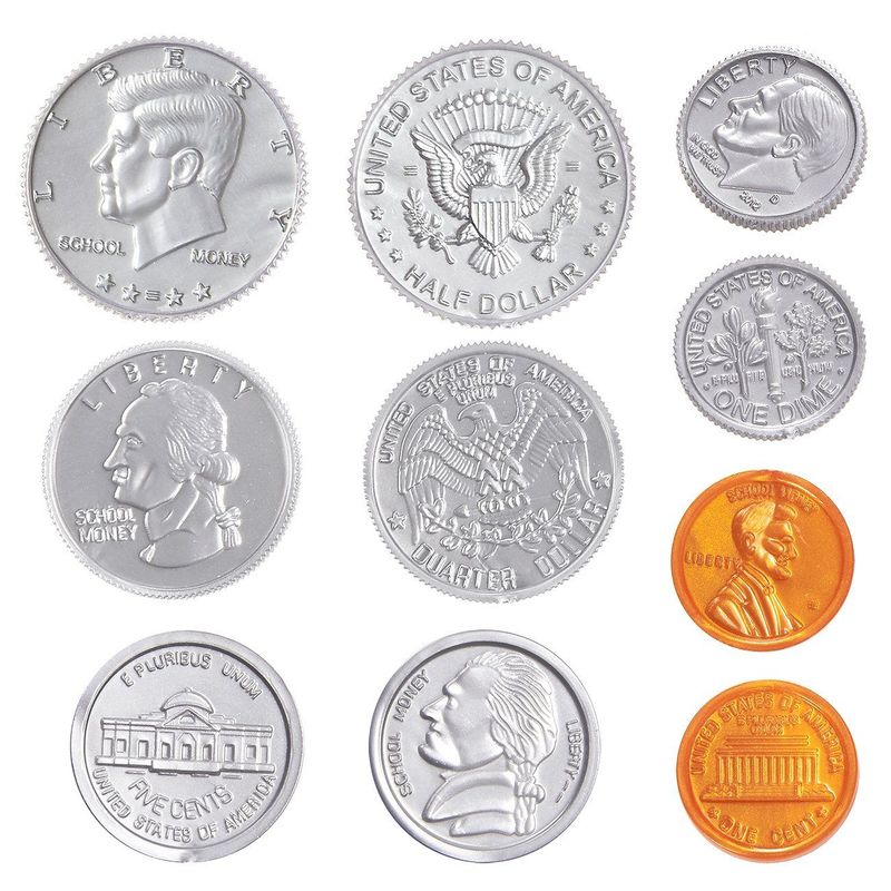 Pack of 250 Play Coin Set - Includes 10 Half-Dollars, 40 Quarters, 50 Dimes, 50 Nickels, 100 Pennies Fake Plastic Coins - Pretend Money - Great Teaching Tool, Prop, Kids Toy, 0.98 Inches in Diameter