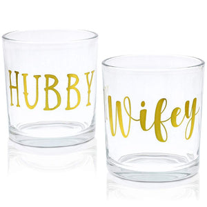 Blue Panda 2-Pack Hubby and Wifey Glass Whiskey Glasses, Bride and Groom Wedding Gifts, Gold Foil, 7.5 Ounces