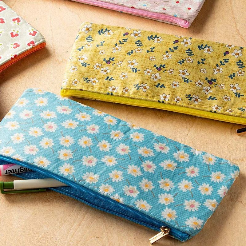 Blue Panda Cute Floral Zipper Pencil Makeup Pouch Bags, 9 x 4 Inches