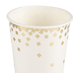 Confetti Party Paper Cups - 50 Pack Gold Foil Disposable Paper Cups, Party Supplies and Decorations for Kids Birthday, Wedding, Bachelorette Party, Baby Shower, White and Gold, 12 Ounce