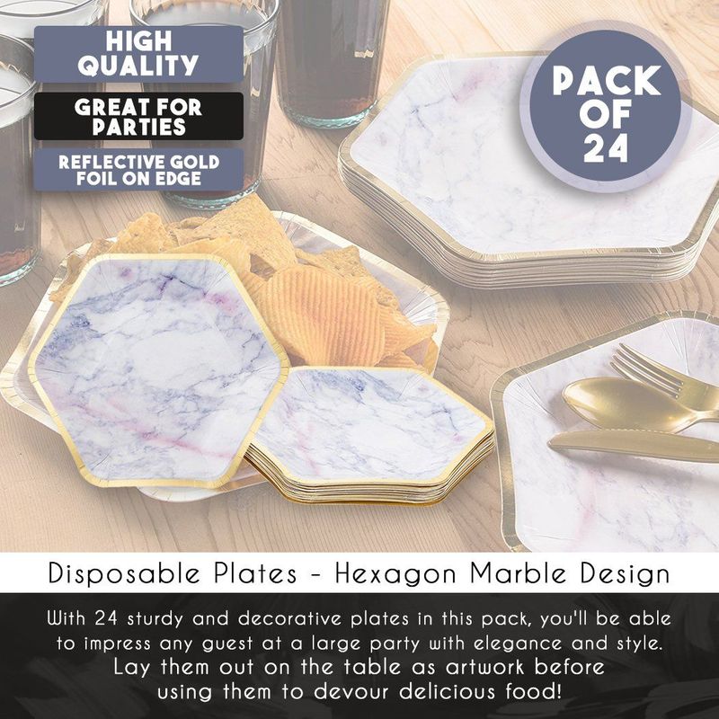 Sparkle and Bash Marble Paper Party Plates (24 Count), Gold Foil Border, 9 x 8 Inches