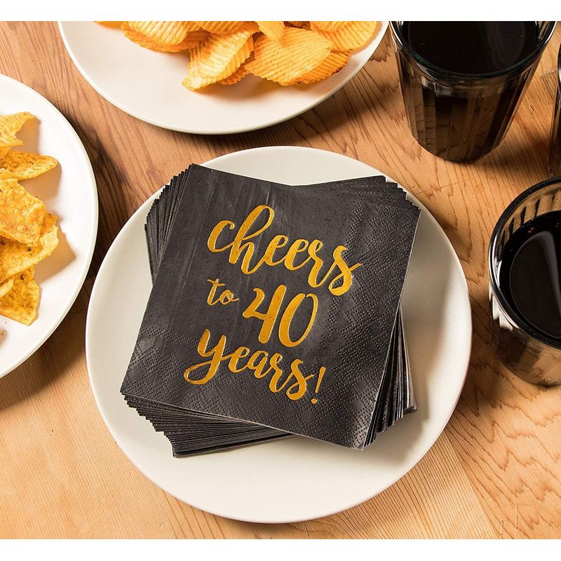 Birthday Party Cocktail Napkins - 50 Pack Gold Foil Cheers to 40 Years Disposable Paper Napkins, Perfect for 40th Birthday Party Supplies, Anniversary Decorations, 5 x 5 Inches Folded, Black