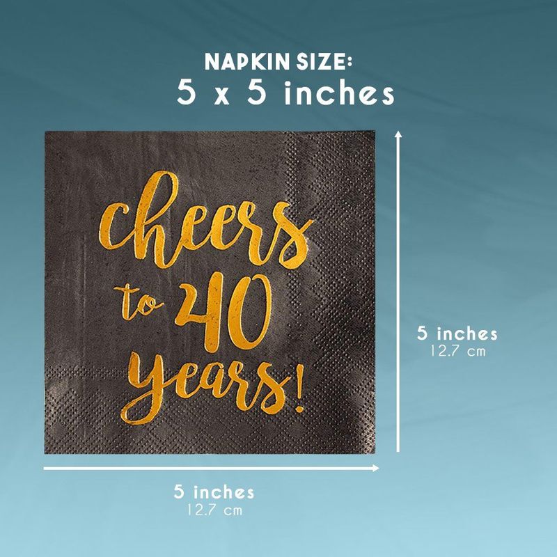 Birthday Party Cocktail Napkins - 50 Pack Gold Foil Cheers to 40 Years Disposable Paper Napkins, Perfect for 40th Birthday Party Supplies, Anniversary Decorations, 5 x 5 Inches Folded, Black