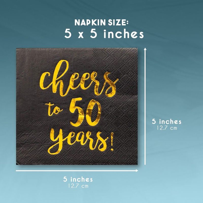 Cocktail Napkins - 50-Pack Luncheon Napkins, Disposable Paper Napkins Party Supplies for Birthday, Anniversary, 3-Ply, Cheers to 50 Years Design, Unfolded 10 x 10 inches, Folded 5 x 5 inches